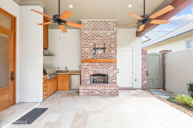 106 Brickell Way, Lafayette, LA 70508 - view of patio featuring ceiling fan, area for grilling, and an outdoor brick fireplace