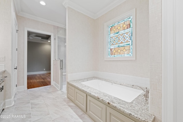 106 Brickell Way, Lafayette, LA 70508 - full bathroom featuring a bath, ornamental molding, and a ceiling fan