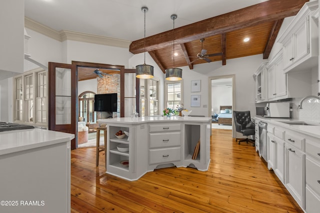 407 Arabella Blvd, Lafayette, LA 70508 - kitchen with a ceiling fan, open floor plan, white cabinetry, and wood ceiling