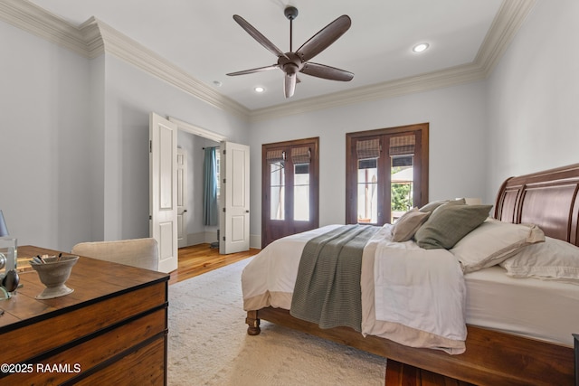 407 Arabella Blvd, Lafayette, LA 70508 - bedroom featuring crown molding, light wood-style floors, recessed lighting, and a ceiling fan