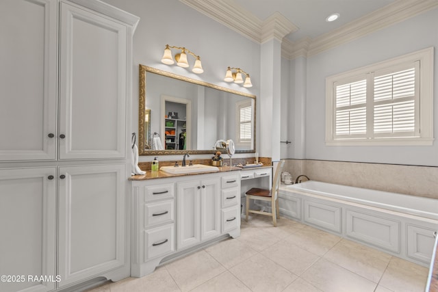 407 Arabella Blvd, Lafayette, LA 70508 - full bath with crown molding, tile patterned flooring, vanity, a garden tub, and a closet