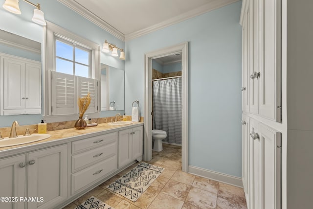407 Arabella Blvd, Lafayette, LA 70508 - bathroom featuring ornamental molding, double vanity, and a shower with curtain