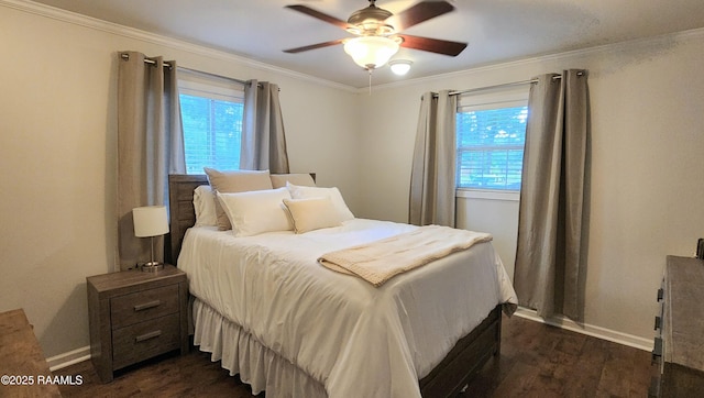 106 Paris St, Lafayette, LA 70506 - bedroom featuring multiple windows, dark wood-style flooring, crown molding, and a ceiling fan