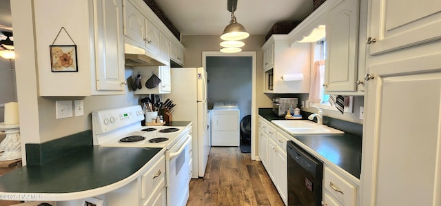 106 Paris St, Lafayette, LA 70506 - kitchen with electric stove, dishwasher, washer / clothes dryer, under cabinet range hood, and white cabinetry