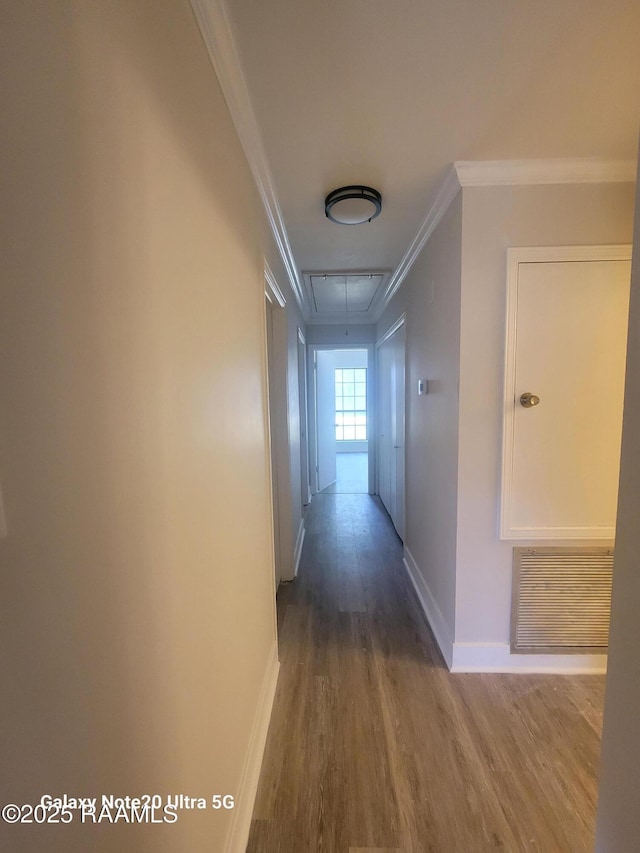 117 Luna St, Lafayette, LA 70506 - hall featuring attic access, ornamental molding, and wood finished floors