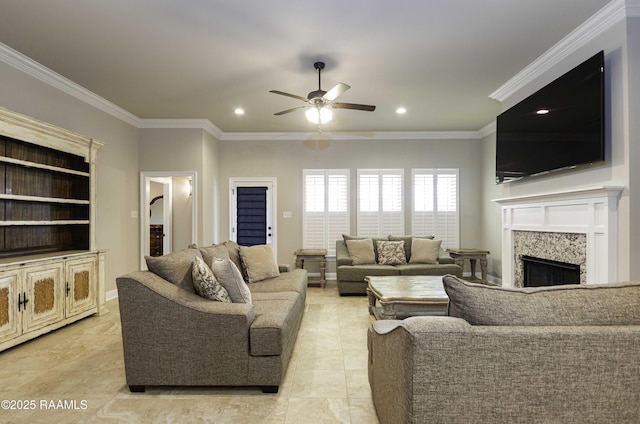 100 Rose Of Sharon Ln, Lafayette, LA 70508 - living area with a ceiling fan, ornamental molding, a fireplace, recessed lighting, and light tile patterned floors