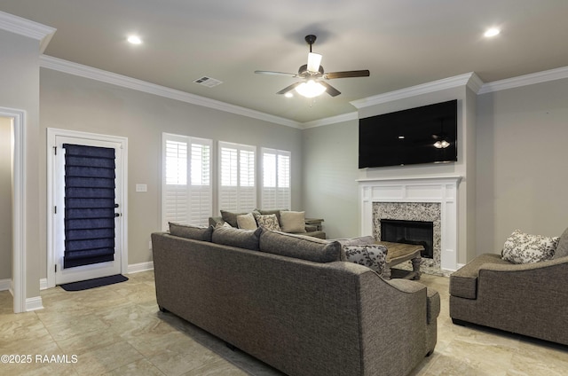 100 Rose Of Sharon Ln, Lafayette, LA 70508 - living area featuring ornamental molding, ceiling fan, a fireplace, and recessed lighting