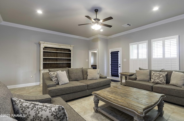 100 Rose Of Sharon Ln, Lafayette, LA 70508 - living area featuring ceiling fan, crown molding, and recessed lighting
