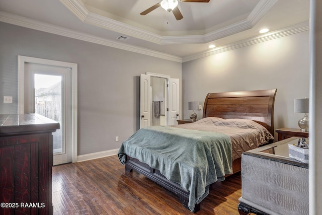 103 Majestic Oaks Dr, Broussard, LA 70518 - bedroom with a raised ceiling, dark wood finished floors, ornamental molding, and a ceiling fan