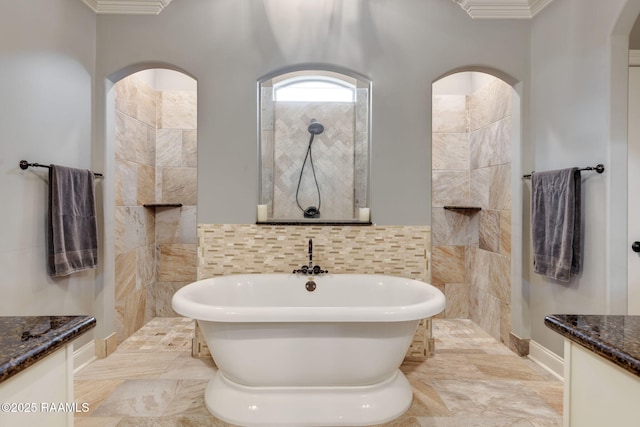 103 Majestic Oaks Dr, Broussard, LA 70518 - full bath with vanity, a soaking tub, a walk in shower, tile walls, and ornamental molding