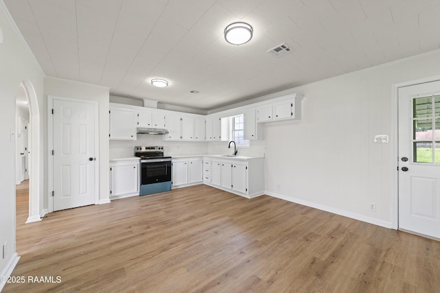 189 Jeremy Rd, Opelousas, LA 70570 - kitchen with stainless steel electric range, ornamental molding, light countertops, under cabinet range hood, and light wood-style floors