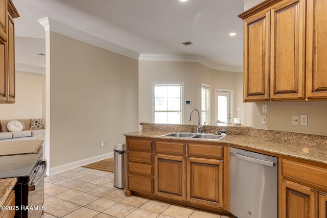 742 Hummingbird Ln, New Iberia, LA 70563 - kitchen with appliances with stainless steel finishes, crown molding, brown cabinetry, a peninsula, and recessed lighting