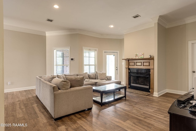 742 Hummingbird Ln, New Iberia, LA 70563 - living area with dark wood-type flooring, ornamental molding, a high end fireplace, and recessed lighting