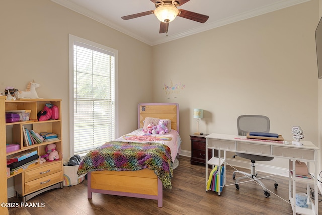 742 Hummingbird Ln, New Iberia, LA 70563 - bedroom with crown molding, wood finished floors, a desk, and a ceiling fan