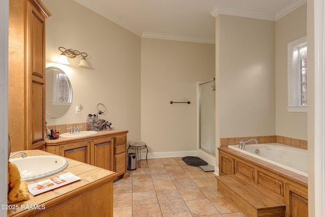 742 Hummingbird Ln, New Iberia, LA 70563 - full bath with vanity, a garden tub, a stall shower, and ornamental molding