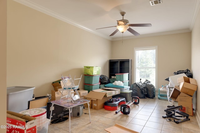 742 Hummingbird Ln, New Iberia, LA 70563 - interior space with a ceiling fan, crown molding, and tile patterned flooring