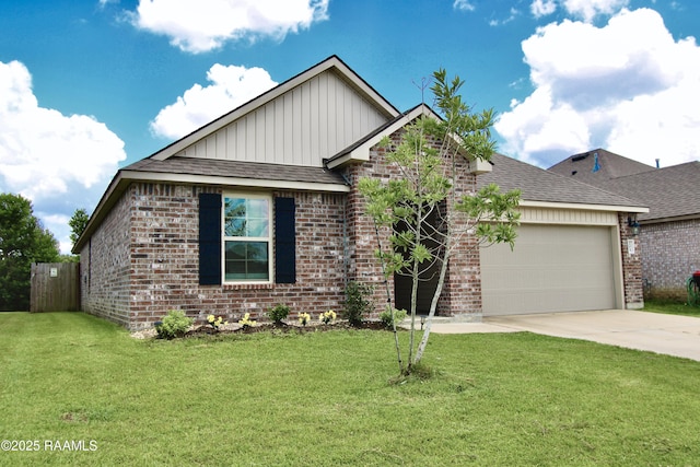 205 Acadian Lake Dr, Duson, LA 70529 - view of front of house with board and batten siding, a garage, concrete driveway, and brick siding