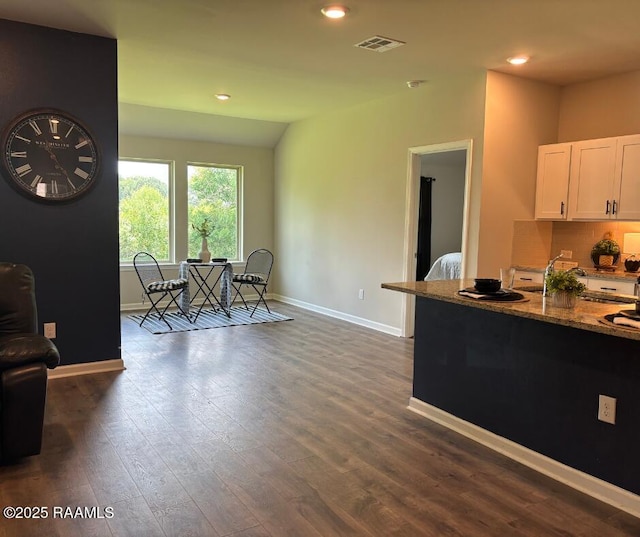 205 Acadian Lake Dr, Duson, LA 70529 - kitchen featuring light stone counters, white cabinets, dark wood-style floors, and recessed lighting