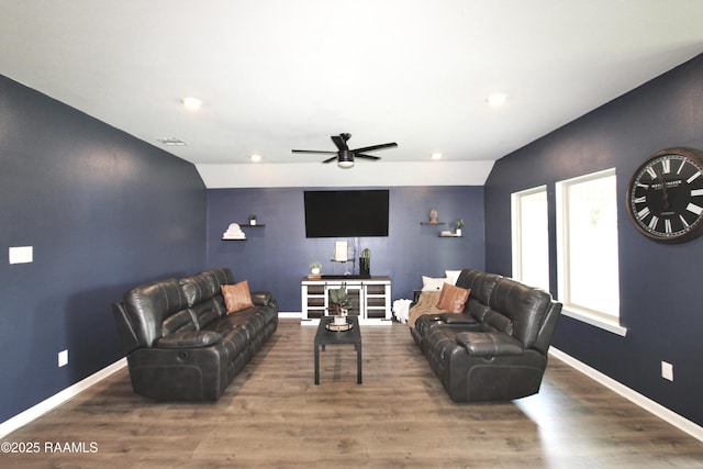 205 Acadian Lake Dr, Duson, LA 70529 - living room with a ceiling fan, wood finished floors, recessed lighting, and an accent wall