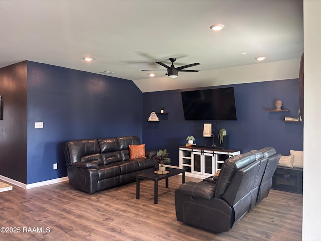 205 Acadian Lake Dr, Duson, LA 70529 - living room featuring ceiling fan, wood finished floors, vaulted ceiling, and recessed lighting