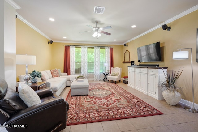 201 Spanish Moss Ln, Broussard, LA 70518 - living room featuring a ceiling fan, light tile patterned flooring, recessed lighting, and crown molding