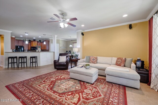 201 Spanish Moss Ln, Broussard, LA 70518 - living room with light tile patterned flooring, a ceiling fan, crown molding, and recessed lighting