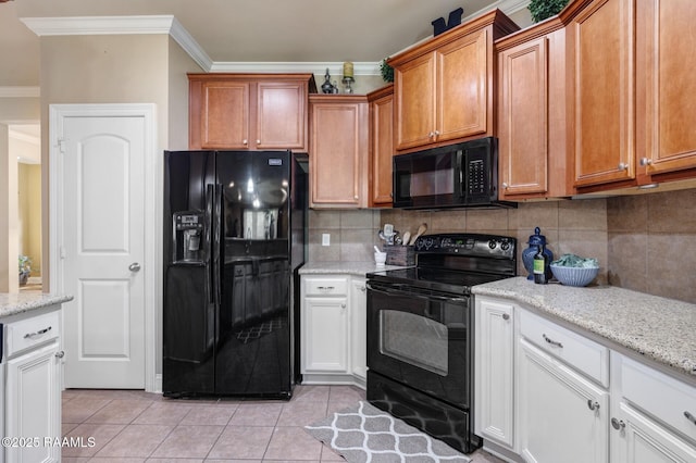 201 Spanish Moss Ln, Broussard, LA 70518 - kitchen featuring black appliances, ornamental molding, decorative backsplash, and light tile patterned flooring