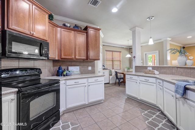 201 Spanish Moss Ln, Broussard, LA 70518 - kitchen with black appliances, crown molding, light tile patterned floors, tasteful backsplash, and hanging light fixtures