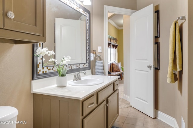 201 Spanish Moss Ln, Broussard, LA 70518 - half bath featuring vanity, ornamental molding, and tile patterned flooring