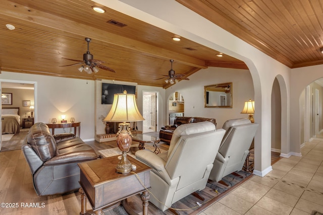 122 Thrush Loop, Lafayette, LA 70508 - living room with ceiling fan, arched walkways, wood ceiling, ornamental molding, and recessed lighting