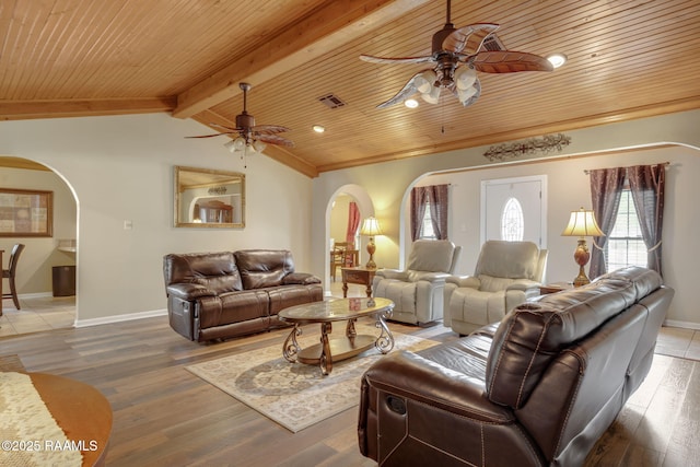 122 Thrush Loop, Lafayette, LA 70508 - living area featuring arched walkways, ceiling fan, wood ceiling, and wood finished floors
