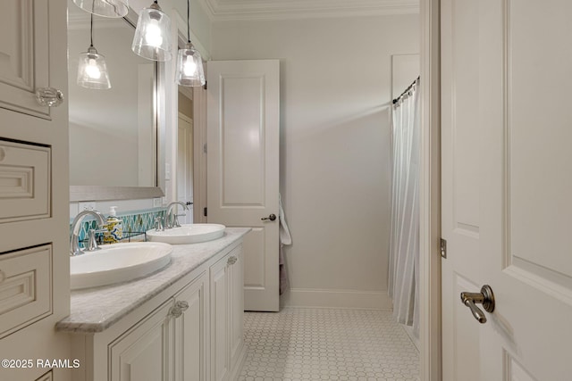 301 Gleneagles Cir, Broussard, LA 70518 - bathroom with ornamental molding, double vanity, and a shower with curtain