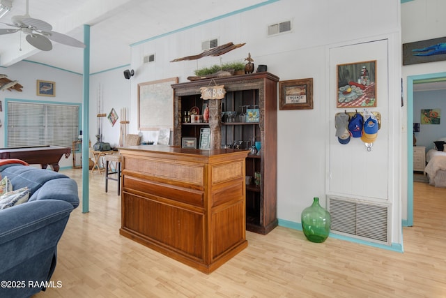 116 Sunset Blvd, Cypremort Point, LA 70538 - bar area featuring light wood-style flooring, a ceiling fan, billiards, and beamed ceiling