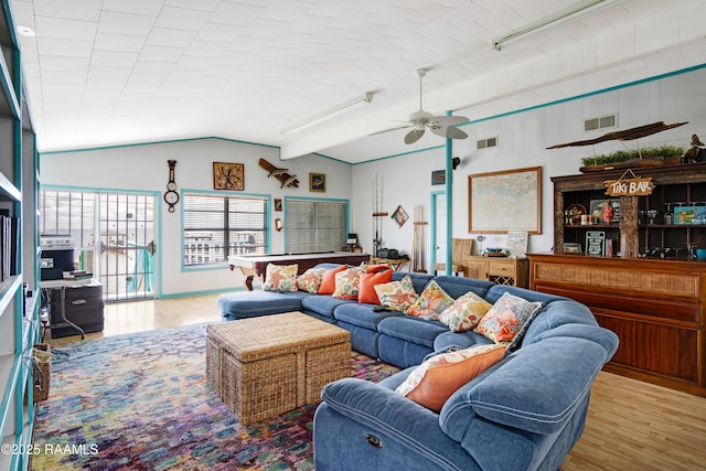 116 Sunset Blvd, Cypremort Point, LA 70538 - living room with wood finished floors, lofted ceiling, ceiling fan, and pool table