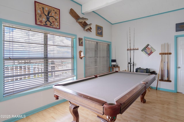 116 Sunset Blvd, Cypremort Point, LA 70538 - recreation room with light wood-style flooring, beamed ceiling, billiards table, and high vaulted ceiling