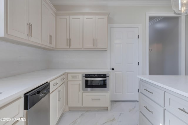 12511 Aube Dr, Abbeville, LA 70510 - kitchen featuring stainless steel appliances, ornamental molding, light marble finish floors, and backsplash
