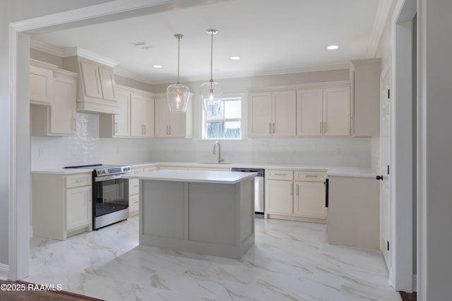12511 Aube Dr, Abbeville, LA 70510 - kitchen with stainless steel appliances, backsplash, light marble finish floors, light countertops, and crown molding