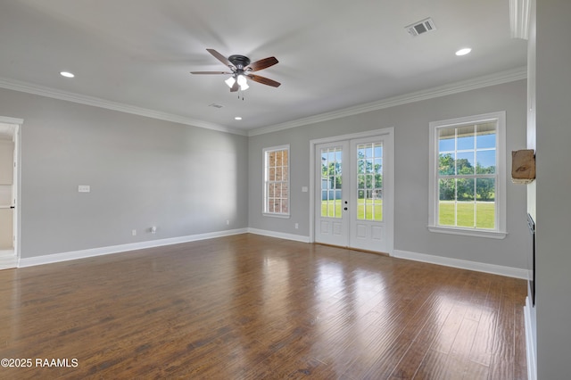 12511 Aube Dr, Abbeville, LA 70510 - unfurnished room featuring a ceiling fan, dark wood-style flooring, ornamental molding, and recessed lighting