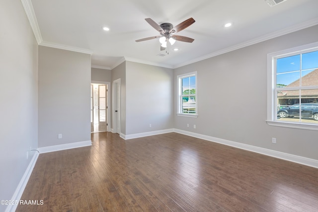12511 Aube Dr, Abbeville, LA 70510 - empty room featuring ceiling fan, dark wood-type flooring, recessed lighting, and crown molding
