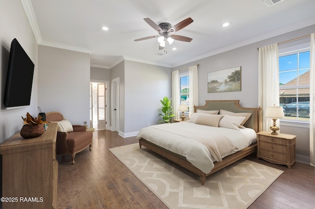 12511 Aube Dr, Abbeville, LA 70510 - bedroom featuring recessed lighting, wood finished floors, ornamental molding, and ceiling fan
