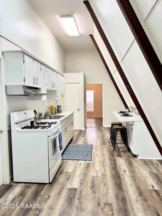 607 Ernest St, New Iberia, LA 70563 - kitchen with gas range gas stove, under cabinet range hood, wood finished floors, light countertops, and wood walls