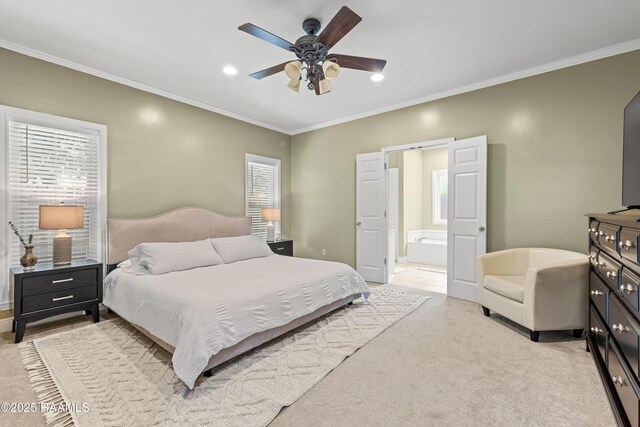 117 Montero Cir, Lafayette, LA 70503 - bedroom featuring ornamental molding, ensuite bath, light colored carpet, ceiling fan, and recessed lighting