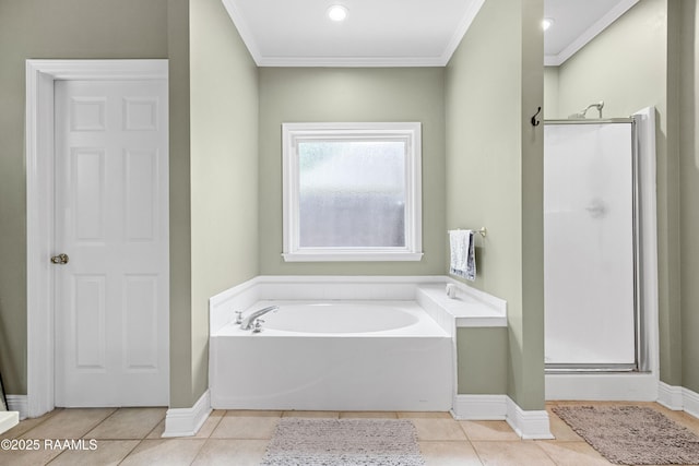 117 Montero Cir, Lafayette, LA 70503 - full bathroom with ornamental molding, a garden tub, tile patterned flooring, and a stall shower