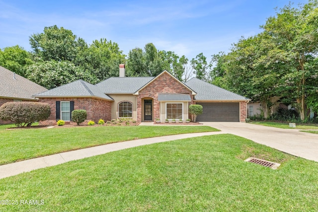 117 Montero Cir, Lafayette, LA 70503 - ranch-style house with concrete driveway, brick siding, an attached garage, and a front yard