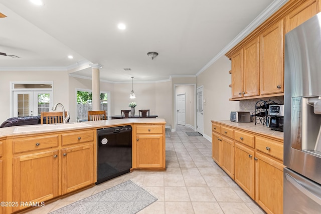 117 Montero Cir, Lafayette, LA 70503 - kitchen with black dishwasher, stainless steel refrigerator with ice dispenser, tile counters, backsplash, and light tile patterned floors