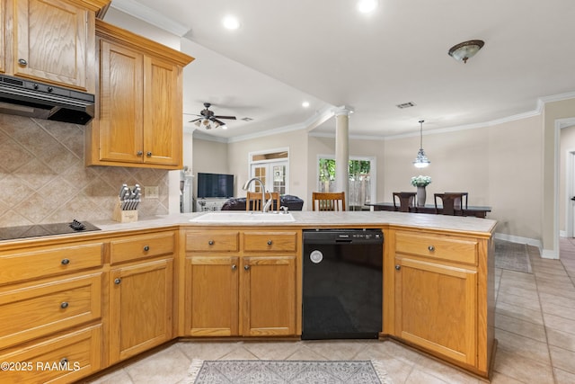 117 Montero Cir, Lafayette, LA 70503 - kitchen with black appliances, ventilation hood, tasteful backsplash, ceiling fan, and crown molding