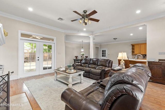 117 Montero Cir, Lafayette, LA 70503 - living room with a ceiling fan, light wood-style floors, french doors, recessed lighting, and decorative columns