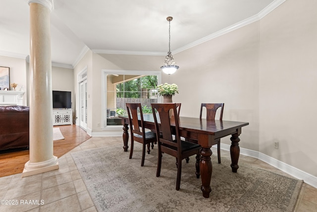 117 Montero Cir, Lafayette, LA 70503 - dining space featuring ornate columns, ornamental molding, and tile patterned flooring