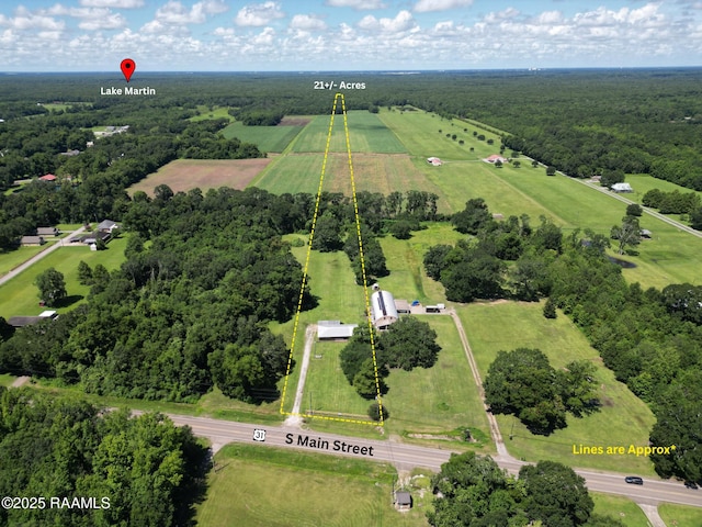 1212 S Main St, Breaux Bridge, LA 70517 - aerial view of sparsely populated area with property parcel outlined and a forest