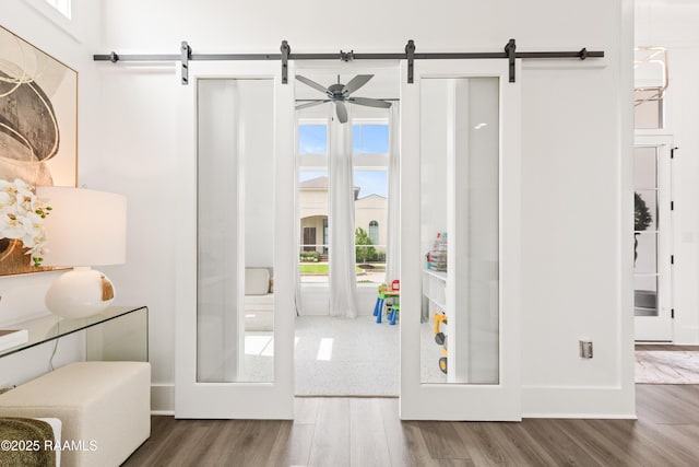 100 Catamaran Dr, Youngsville, LA 70592 - doorway with a barn door and wood finished floors